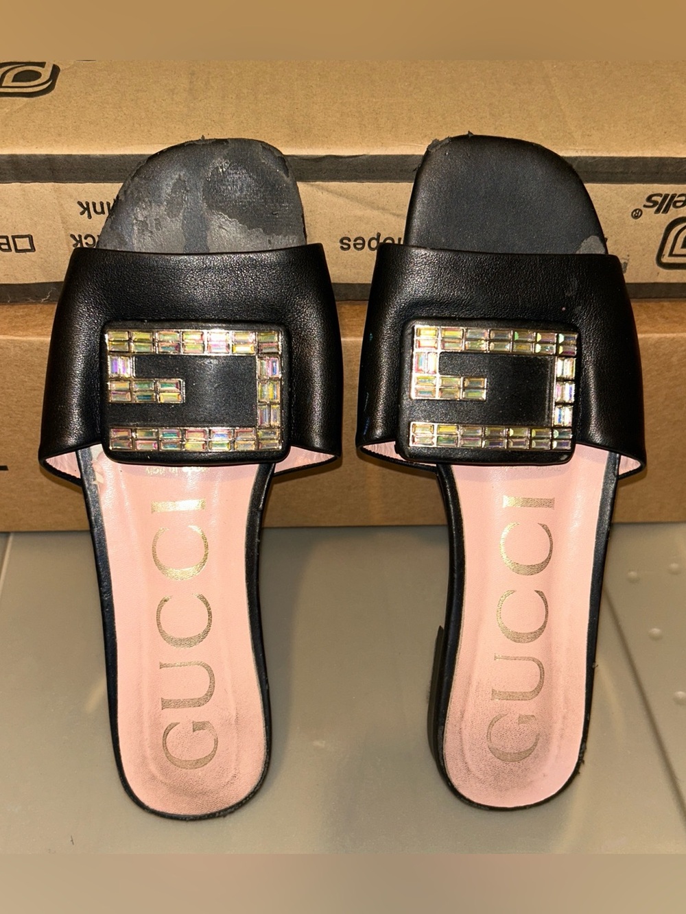 Gucci Black Crystal Buckle Slide Sandals - Women's 39 US 8 - Picture 1 of 7